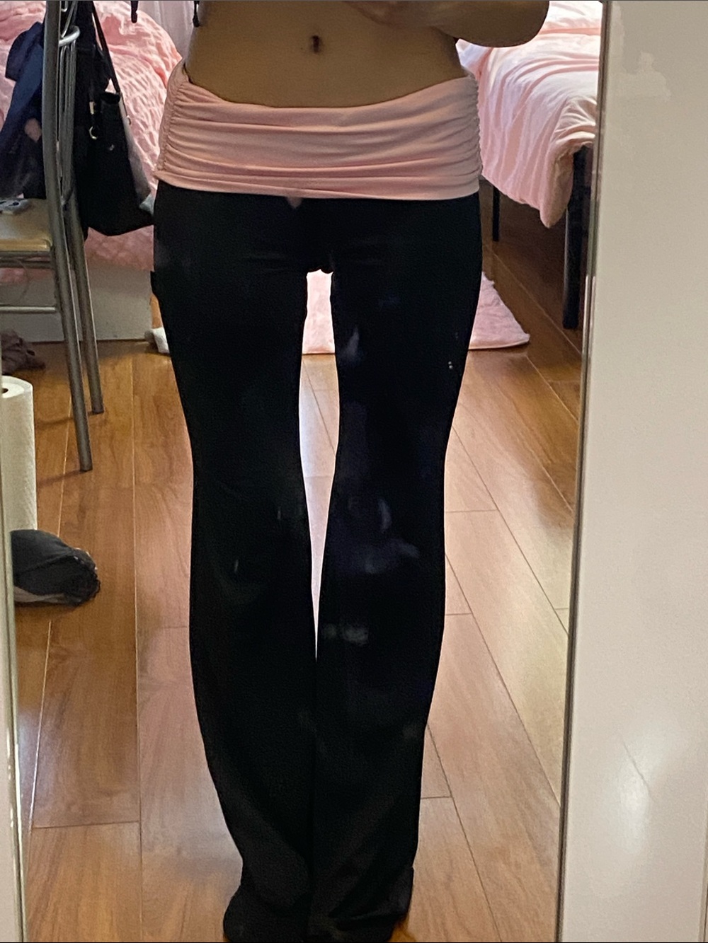 SHEIN Black Flare Pants with Pink Fold-Over Waistband